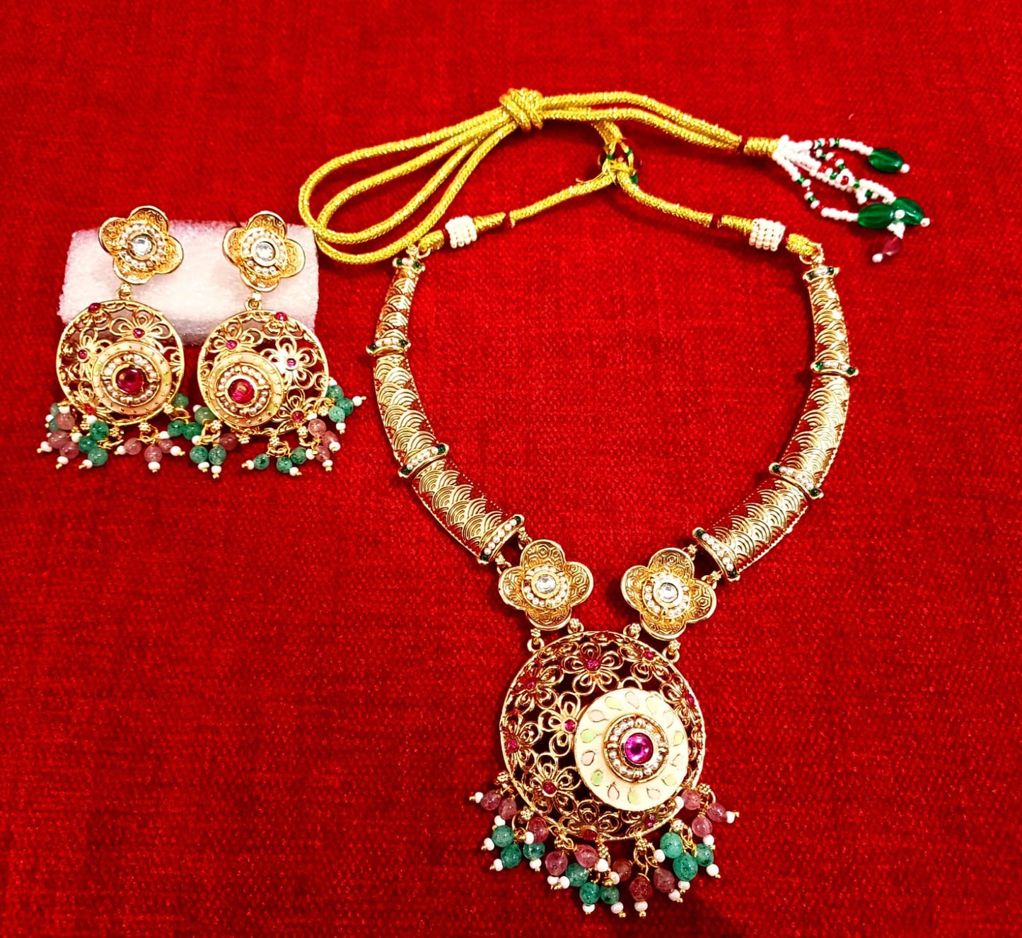 Brass High Gold Antique Necklace Set (Pearl Hanging)