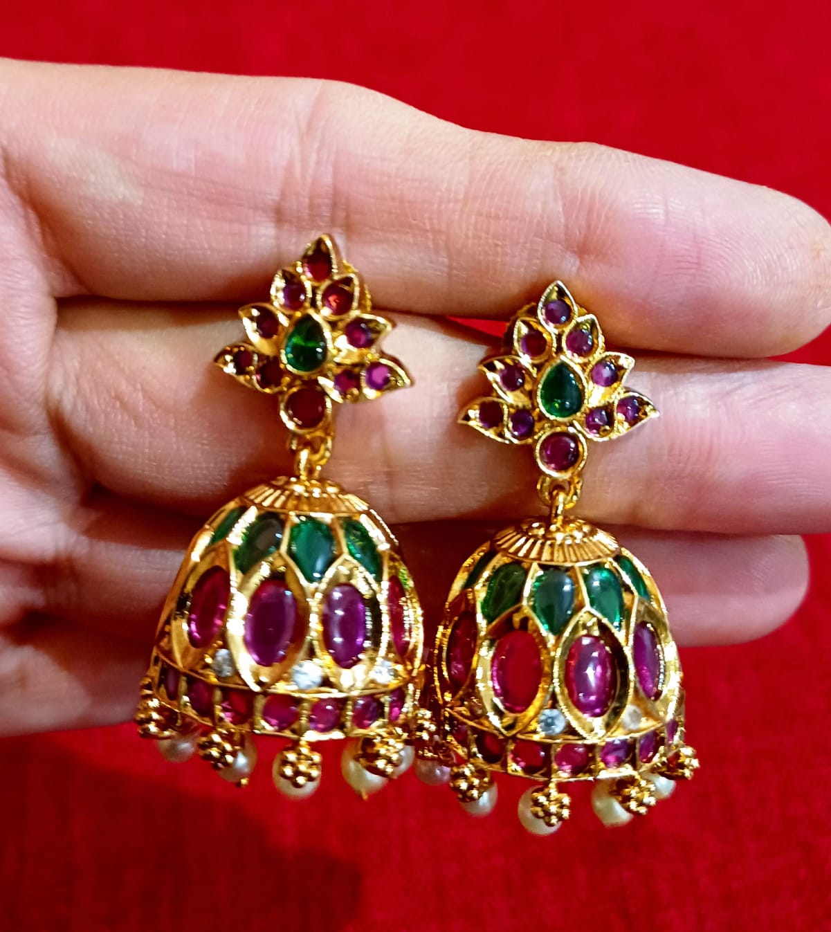Royal Ruby Emerald Kempstone Necklace Set with Pearl Drops & Jhumka Earrings