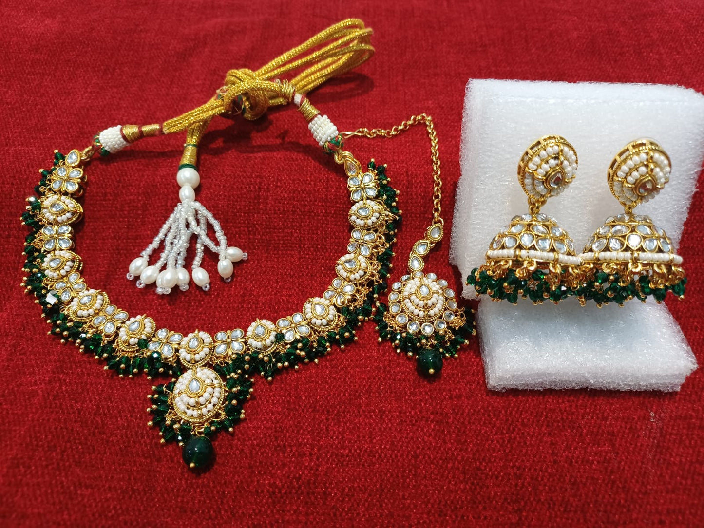 Royal Emerald Pearl Kundan Choker Set with Jhumka Earrings