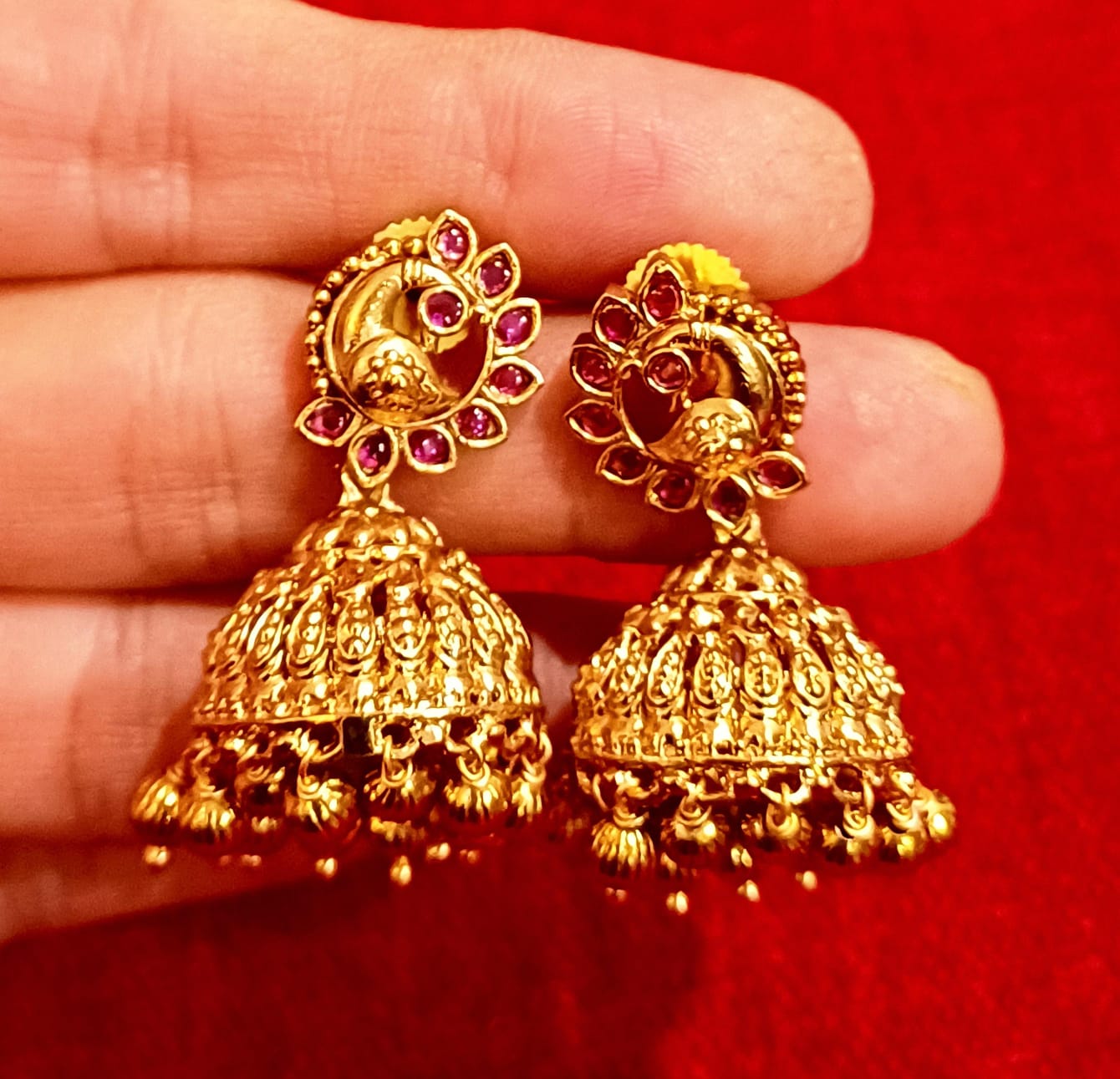Royal Kempstone Brass Necklace Set with Temple Pendant & Jhumka Earrings