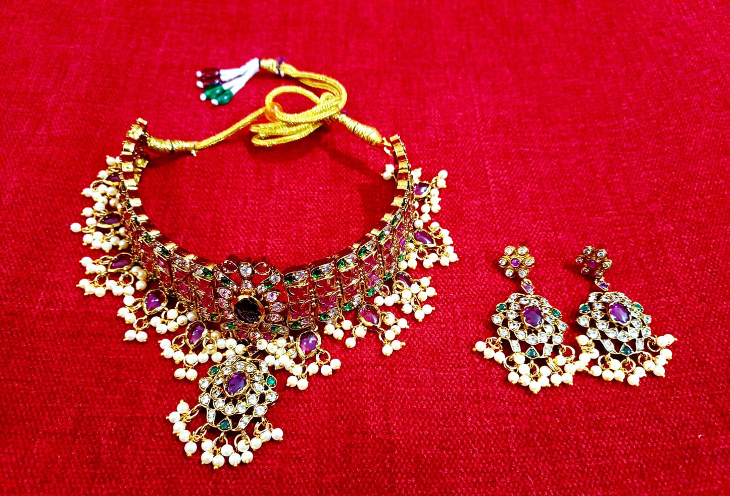 Kempstone Gutta Pushallu Traditional Gold-Plated Choker Necklace with Pink & Green Stones and Pearl Drops