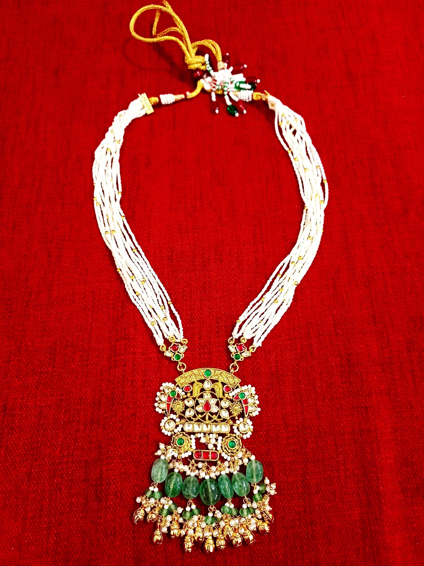 Royal Emerald Beaded Pendant Mala Set with Traditional Earrings