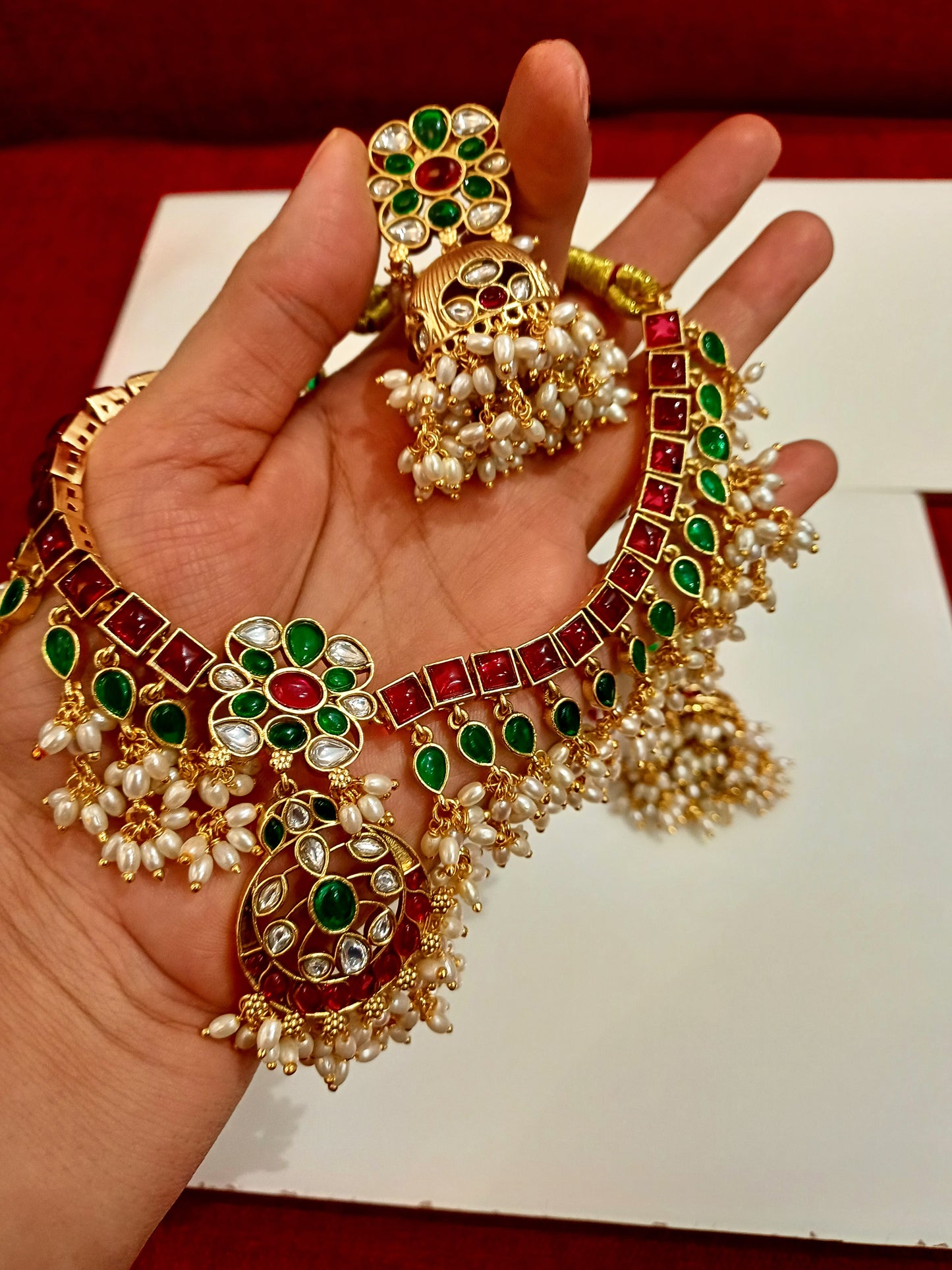 Luxury Red- Green stone kundan Choker set