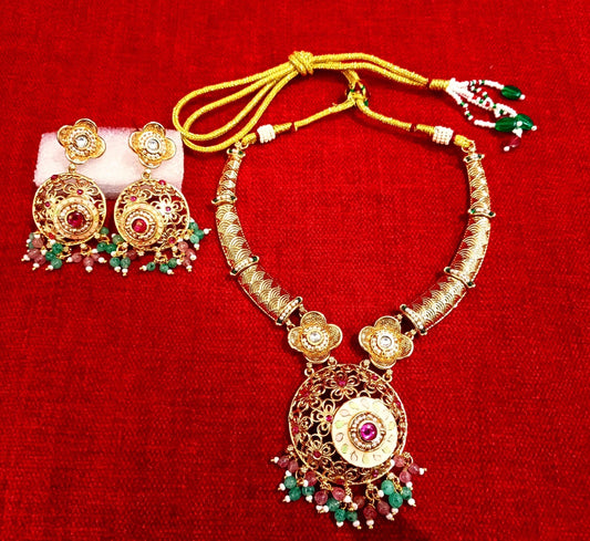 Brass High Gold Antique Necklace Set (Pearl Hanging)