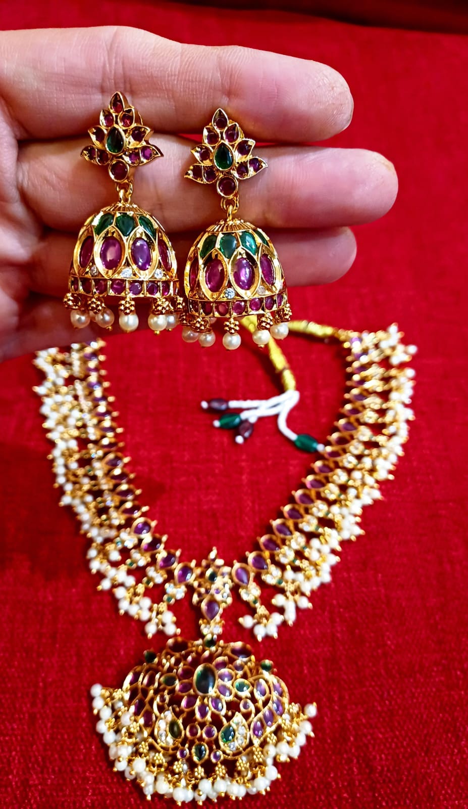 Royal Ruby Emerald Kempstone Necklace Set with Pearl Drops & Jhumka Earrings
