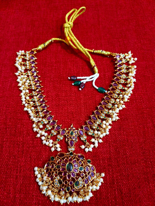 Royal Ruby Emerald Kempstone Necklace Set with Pearl Drops & Jhumka Earrings