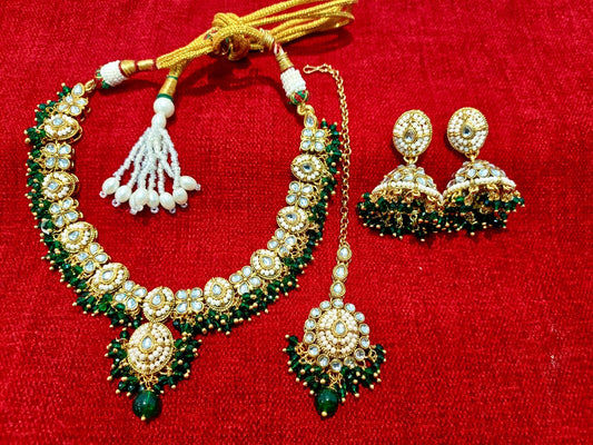 Royal Emerald Pearl Kundan Choker Set with Jhumka Earrings