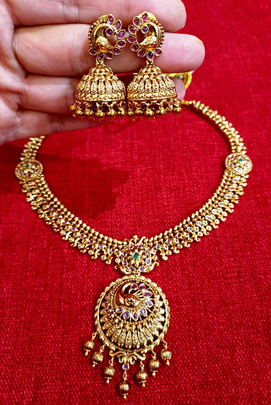 Royal Kempstone Brass Necklace Set with Temple Pendant & Jhumka Earrings