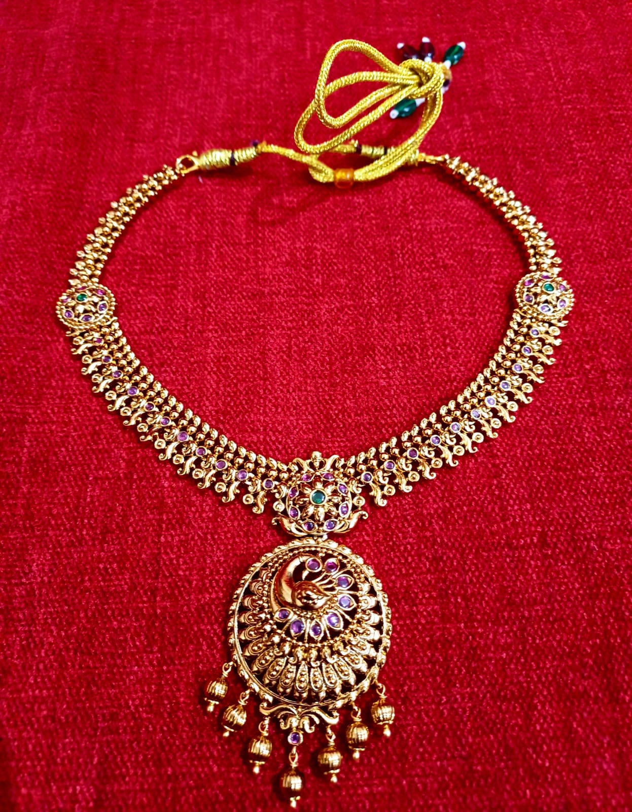 Royal Kempstone Brass Necklace Set with Temple Pendant & Jhumka Earrings