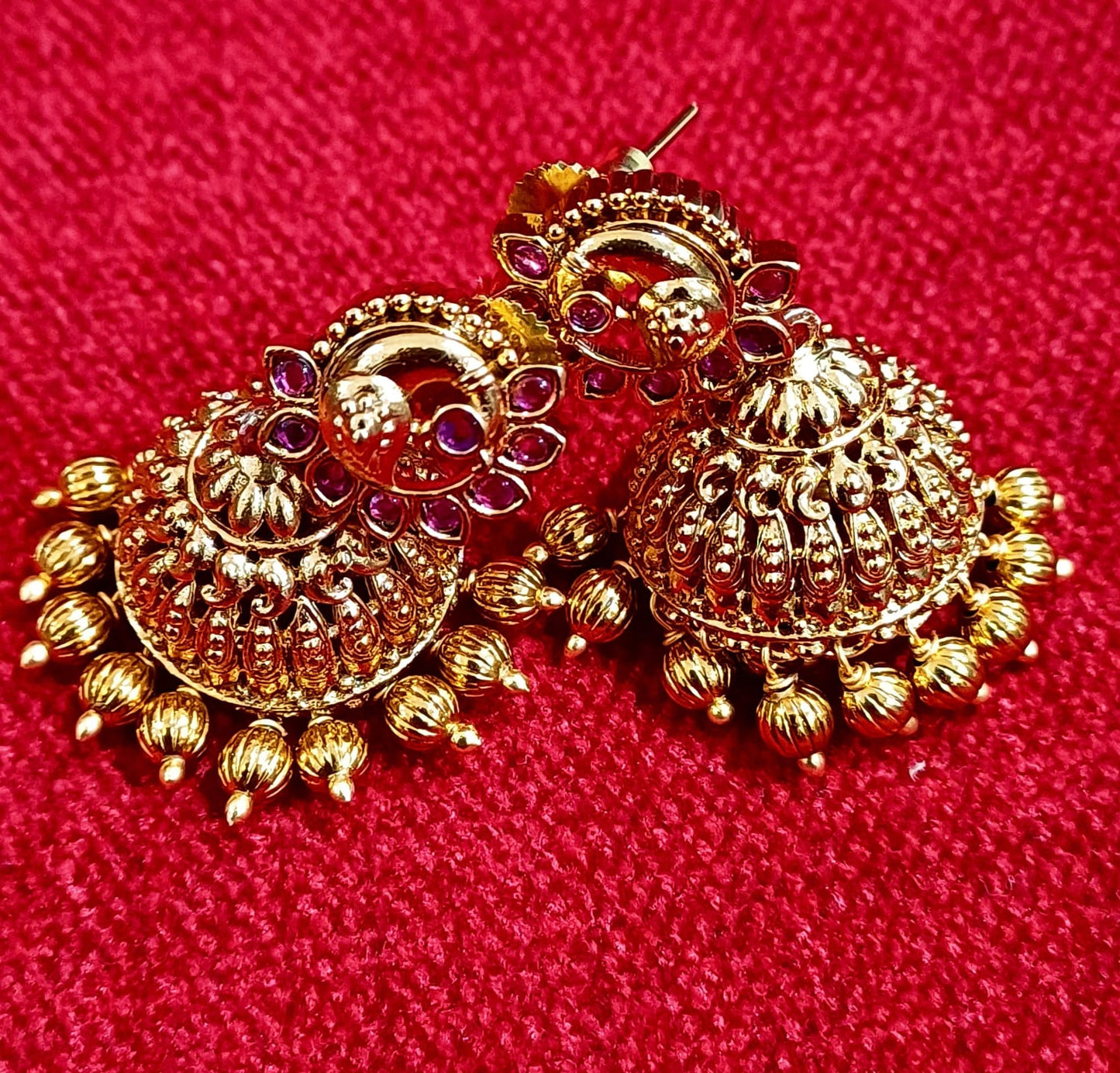 Royal Kempstone Brass Necklace Set with Temple Pendant & Jhumka Earrings