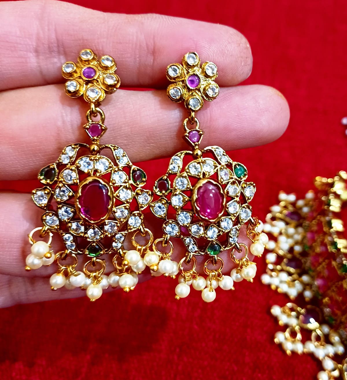 Kempstone Gutta Pushallu Traditional Gold-Plated Choker Necklace with Pink & Green Stones and Pearl Drops