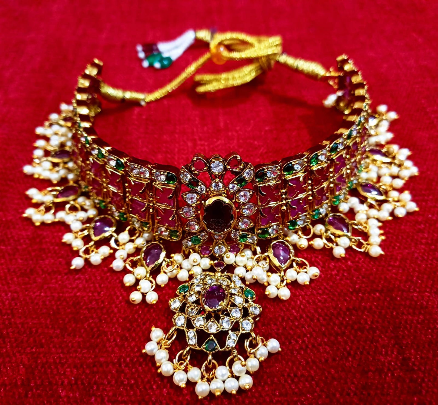 Kempstone Gutta Pushallu Traditional Gold-Plated Choker Necklace with Pink & Green Stones and Pearl Drops