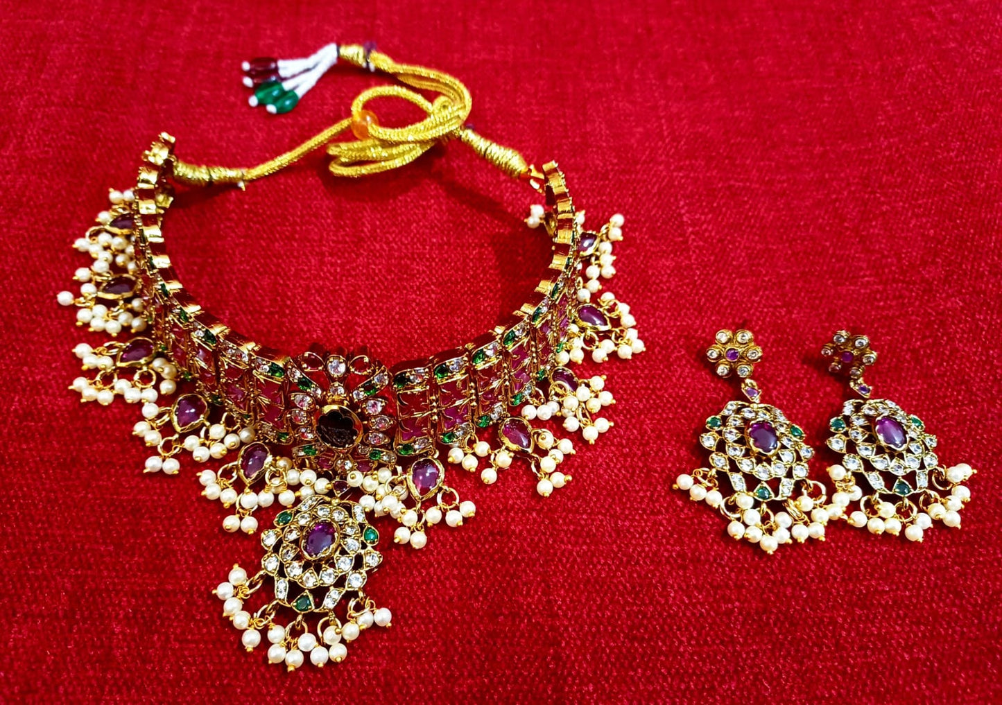 Kempstone Gutta Pushallu Traditional Gold-Plated Choker Necklace with Pink & Green Stones and Pearl Drops