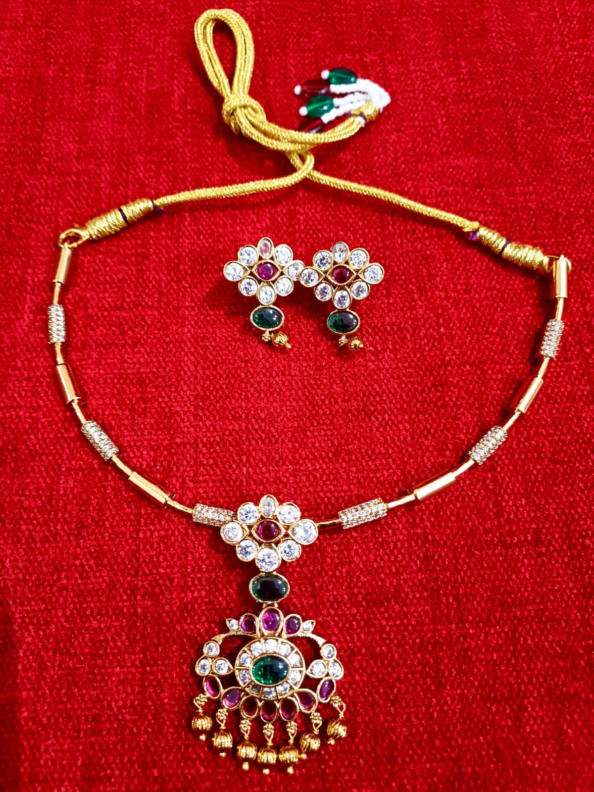 Elegant CZ AD Stone Pipe Necklace Set with Pendant & Earrings