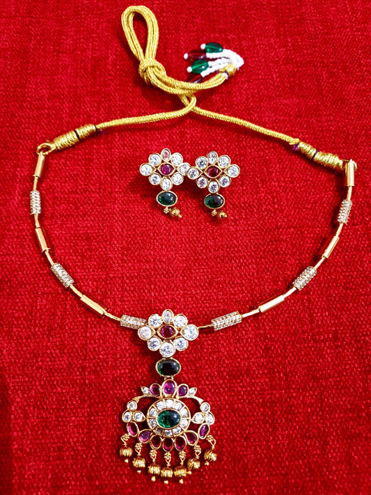 Elegant CZ AD Stone Pipe Necklace Set with Pendant & Earrings