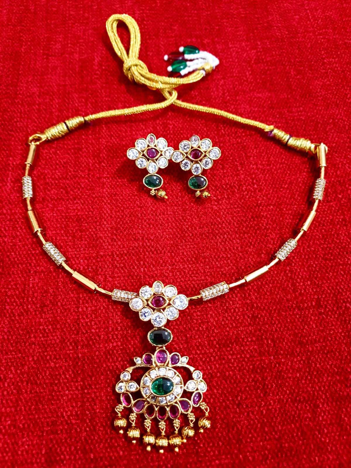 Elegant CZ AD Stone Pipe Necklace Set with Pendant & Earrings