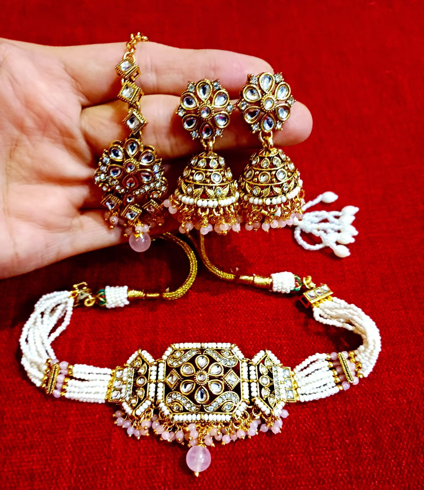 Royal Blush Pearl Kundan Choker Set with Jhumka Earrings