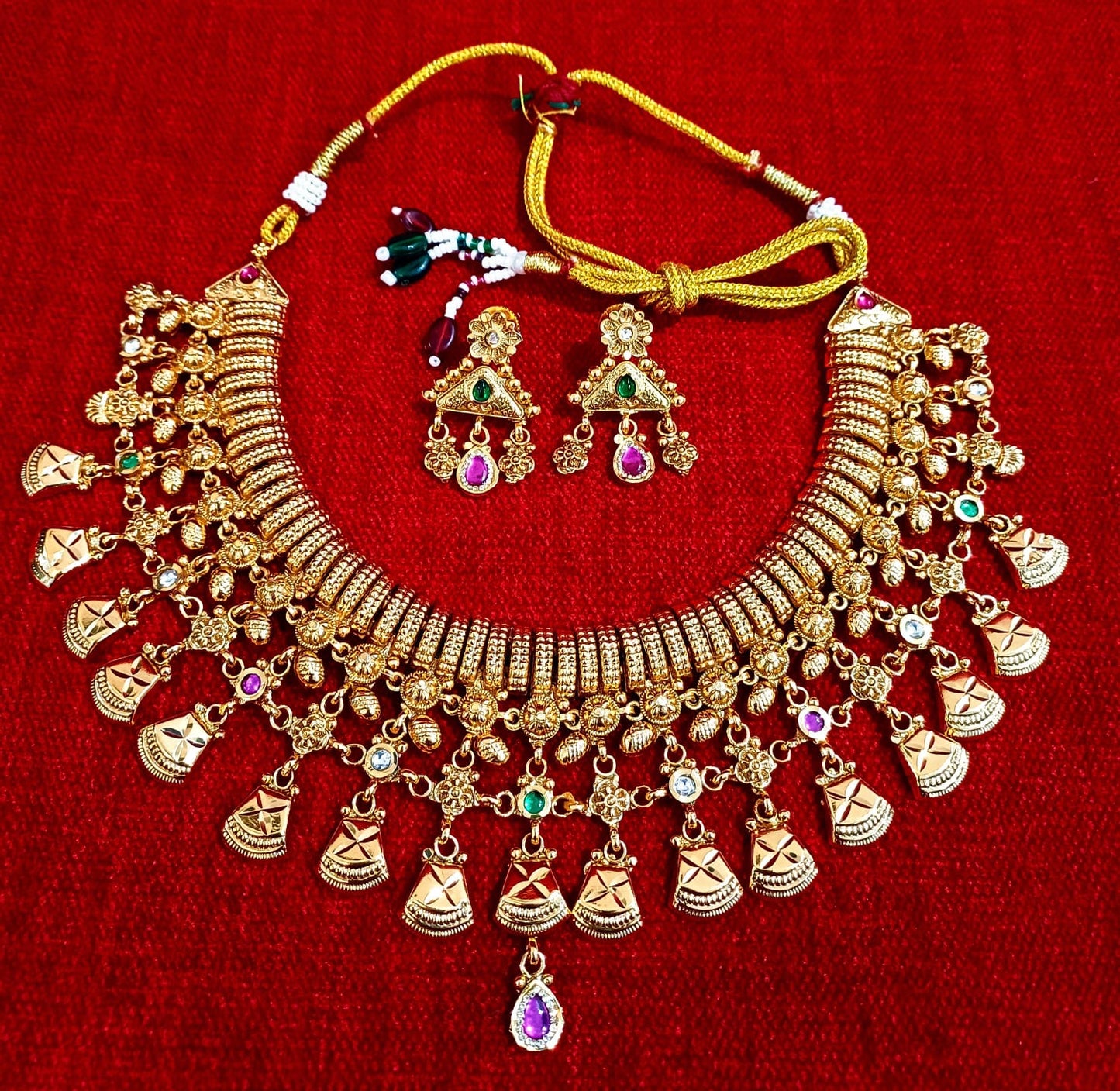 Antique Finish Brass Zhaler Necklace Set with Traditional Dangling Charms & Matching Earrings