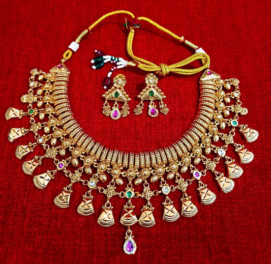 Antique Finish Brass Zhaler Necklace Set with Traditional Dangling Charms & Matching Earrings