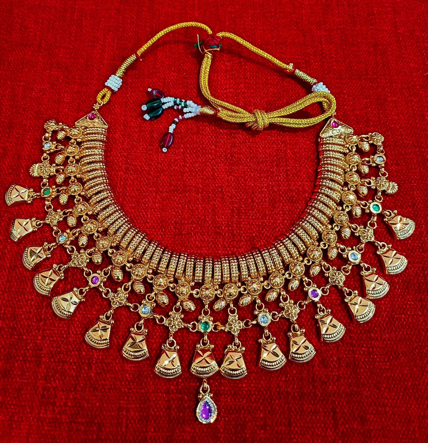 Antique Finish Brass Zhaler Necklace Set with Traditional Dangling Charms & Matching Earrings