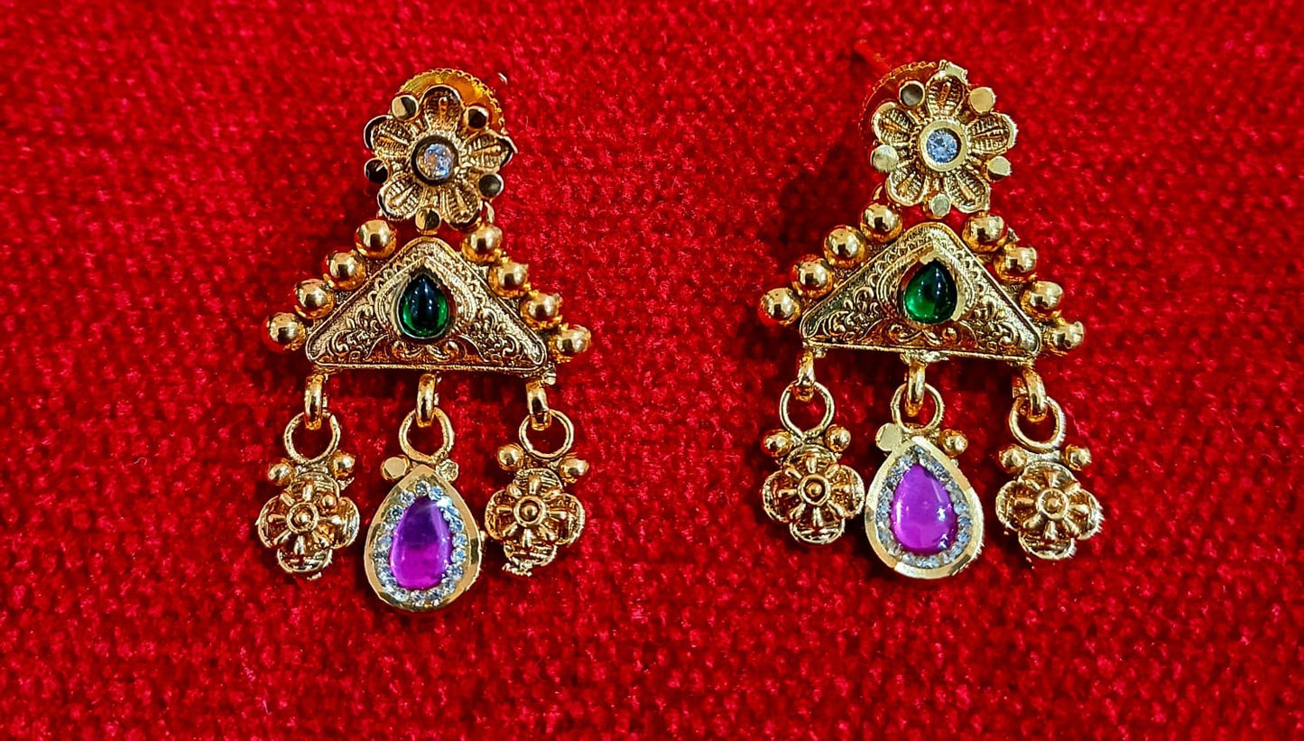 Antique Finish Brass Zhaler Necklace Set with Traditional Dangling Charms & Matching Earrings