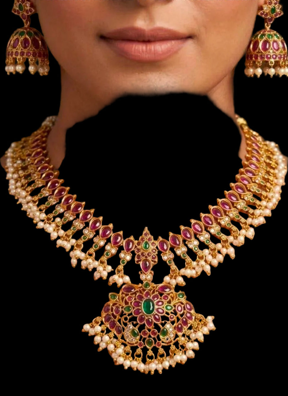 Royal Ruby Emerald Kempstone Necklace Set with Pearl Drops & Jhumka Earrings