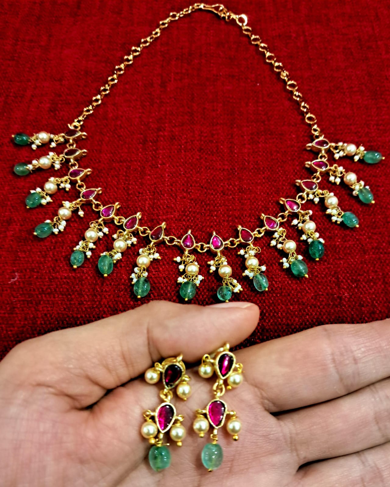 Elegant Ruby Green Pearl Choker Necklace Set | Traditional Temple-Inspired Jewellery