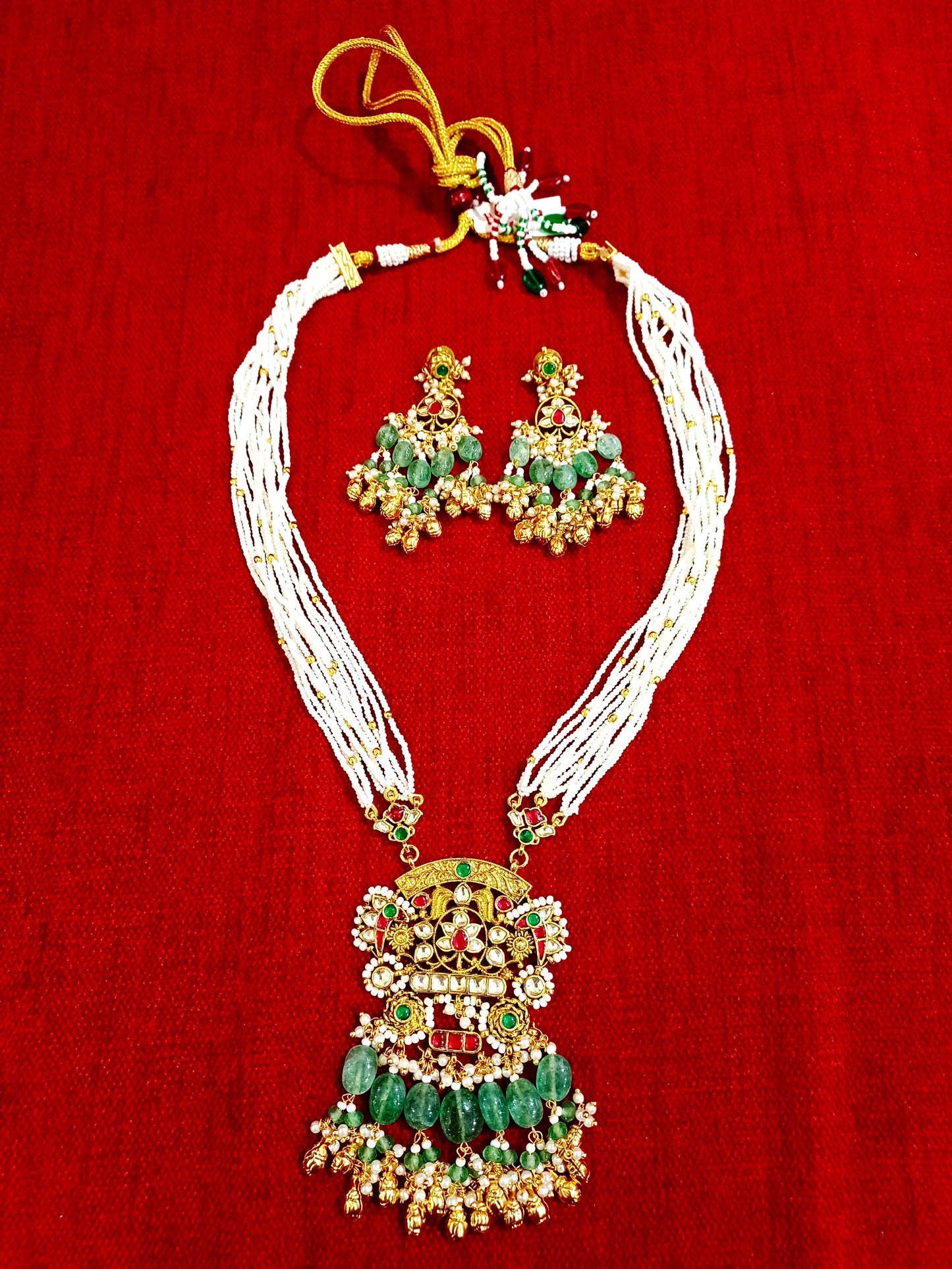 Royal Emerald Beaded Pendant Mala Set with Traditional Earrings