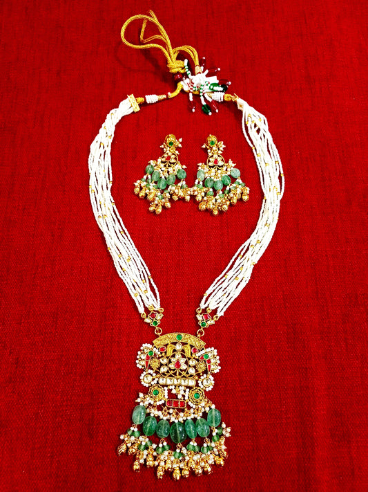 Royal Emerald Beaded Pendant Mala Set with Traditional Earrings