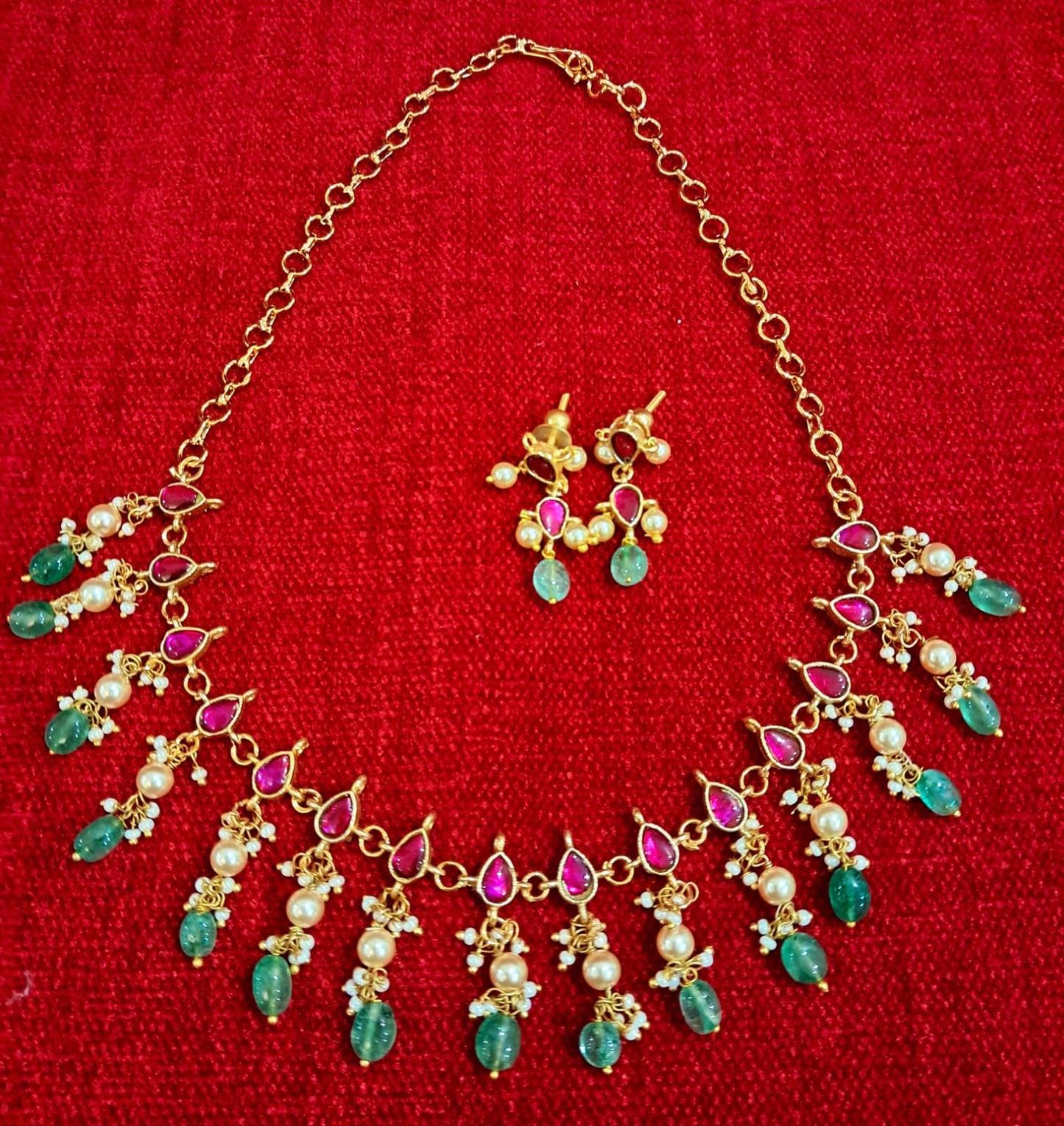 Elegant Ruby Green Pearl Choker Necklace Set | Traditional Temple-Inspired Jewellery