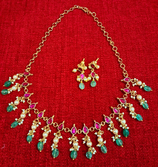 Elegant Ruby Green Pearl Choker Necklace Set | Traditional Temple-Inspired Jewellery
