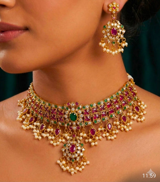 Kempstone Gutta Pushallu Traditional Gold-Plated Choker Necklace with Pink & Green Stones and Pearl Drops