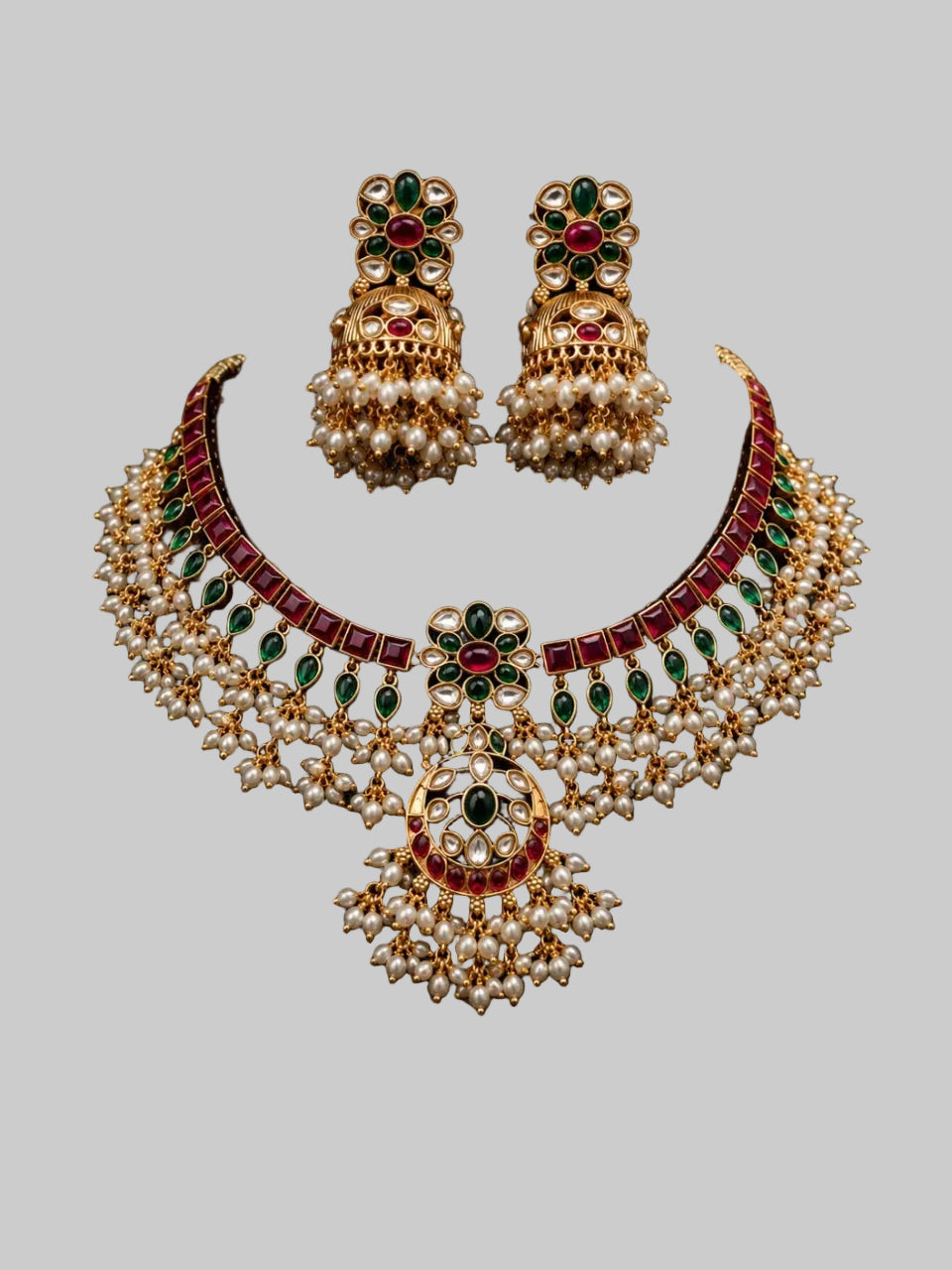Luxury Red- Green stone kundan Choker set