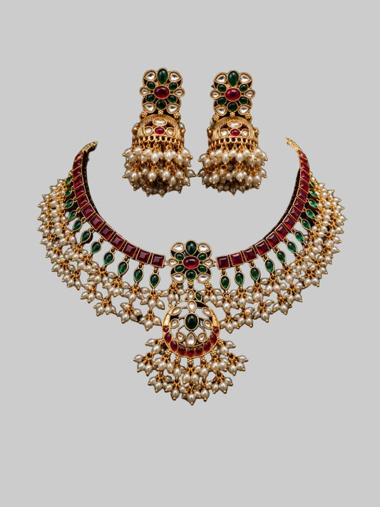 Luxury Red- Green stone kundan Choker set
