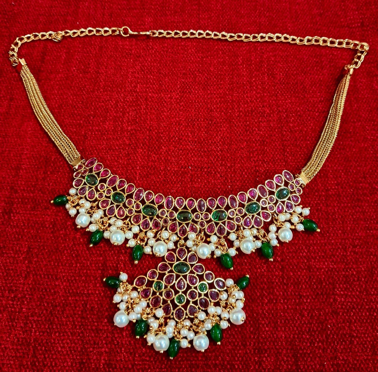 Royal Ruby & Emerald Bridal Necklace Set with Pearl Drops | Traditional Statement Jewellery