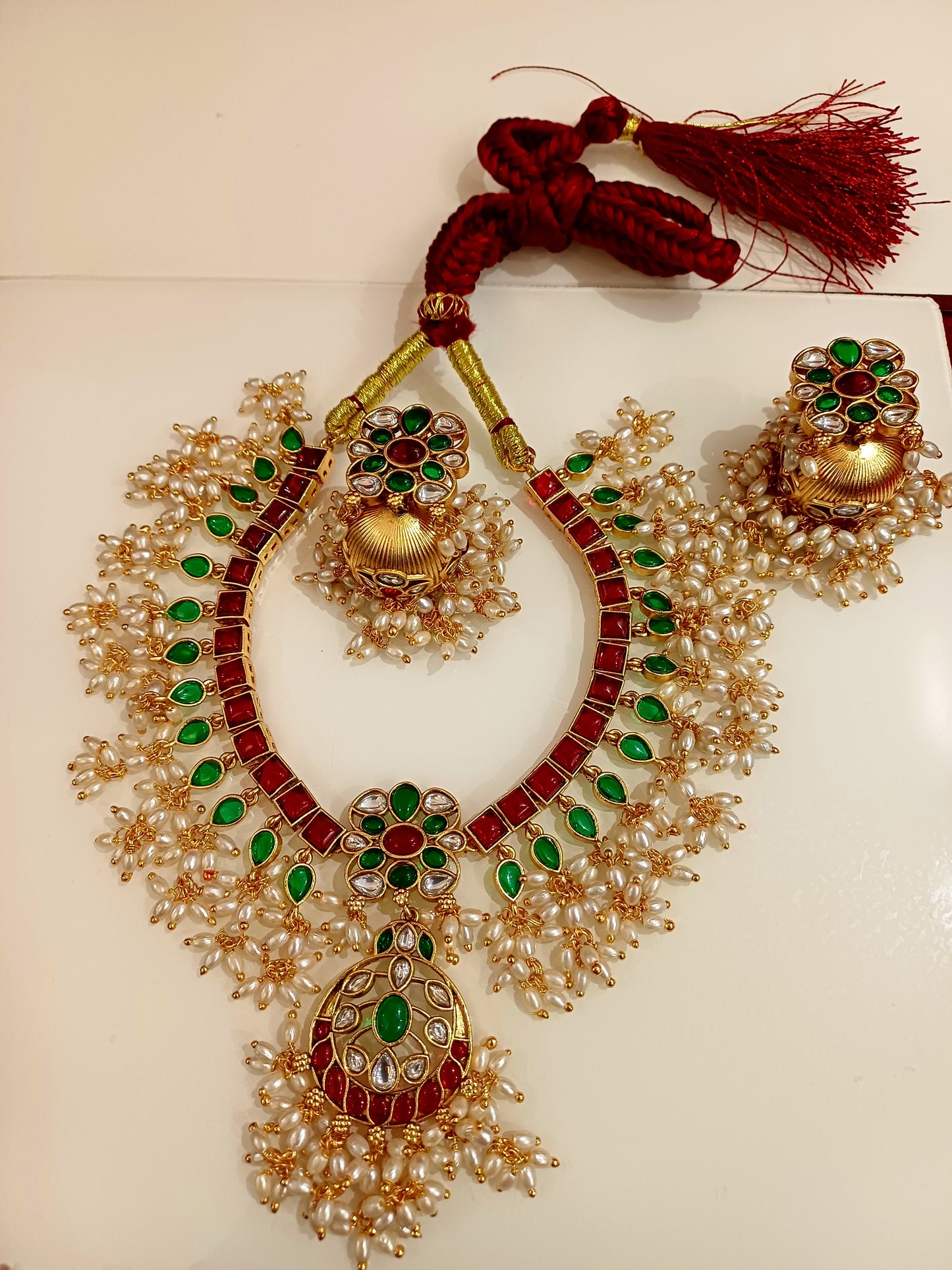 Luxury Red- Green stone kundan Choker set