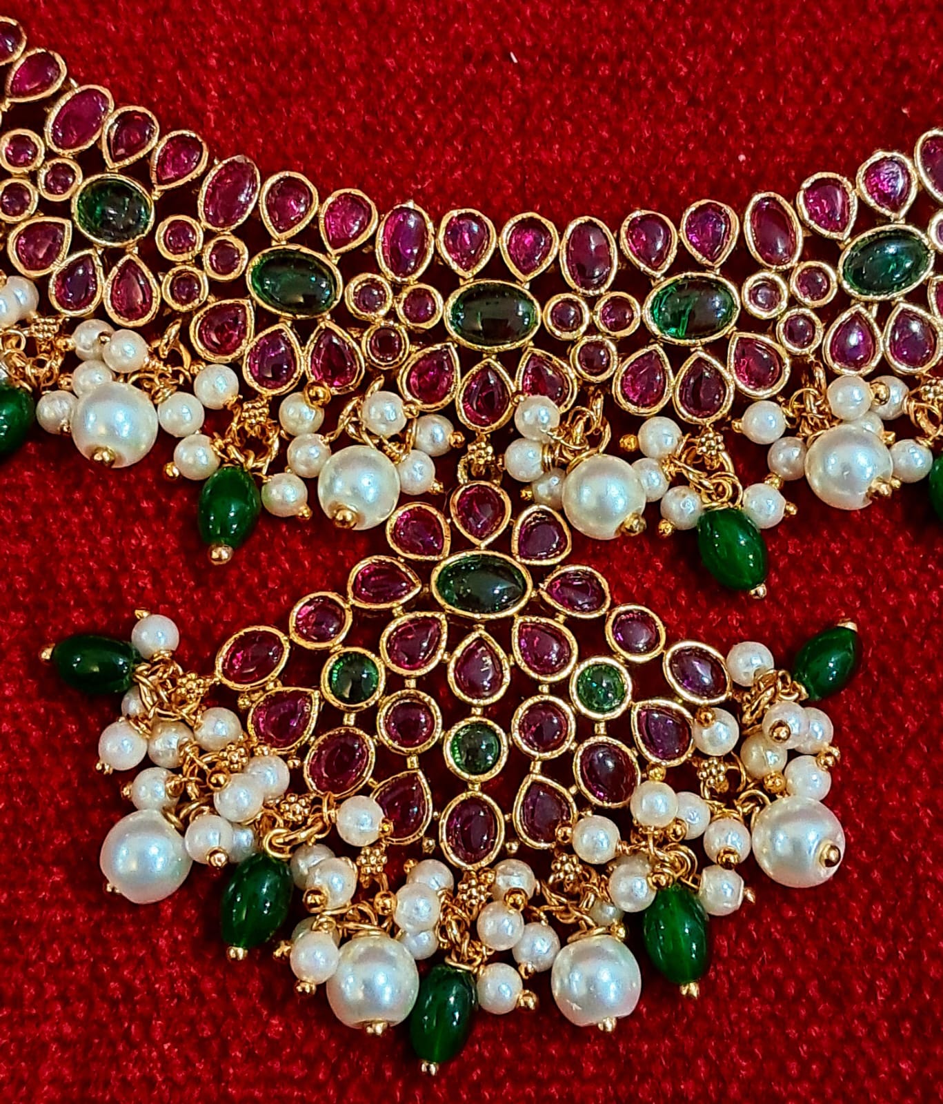 Royal Ruby & Emerald Bridal Necklace Set with Pearl Drops | Traditional Statement Jewellery