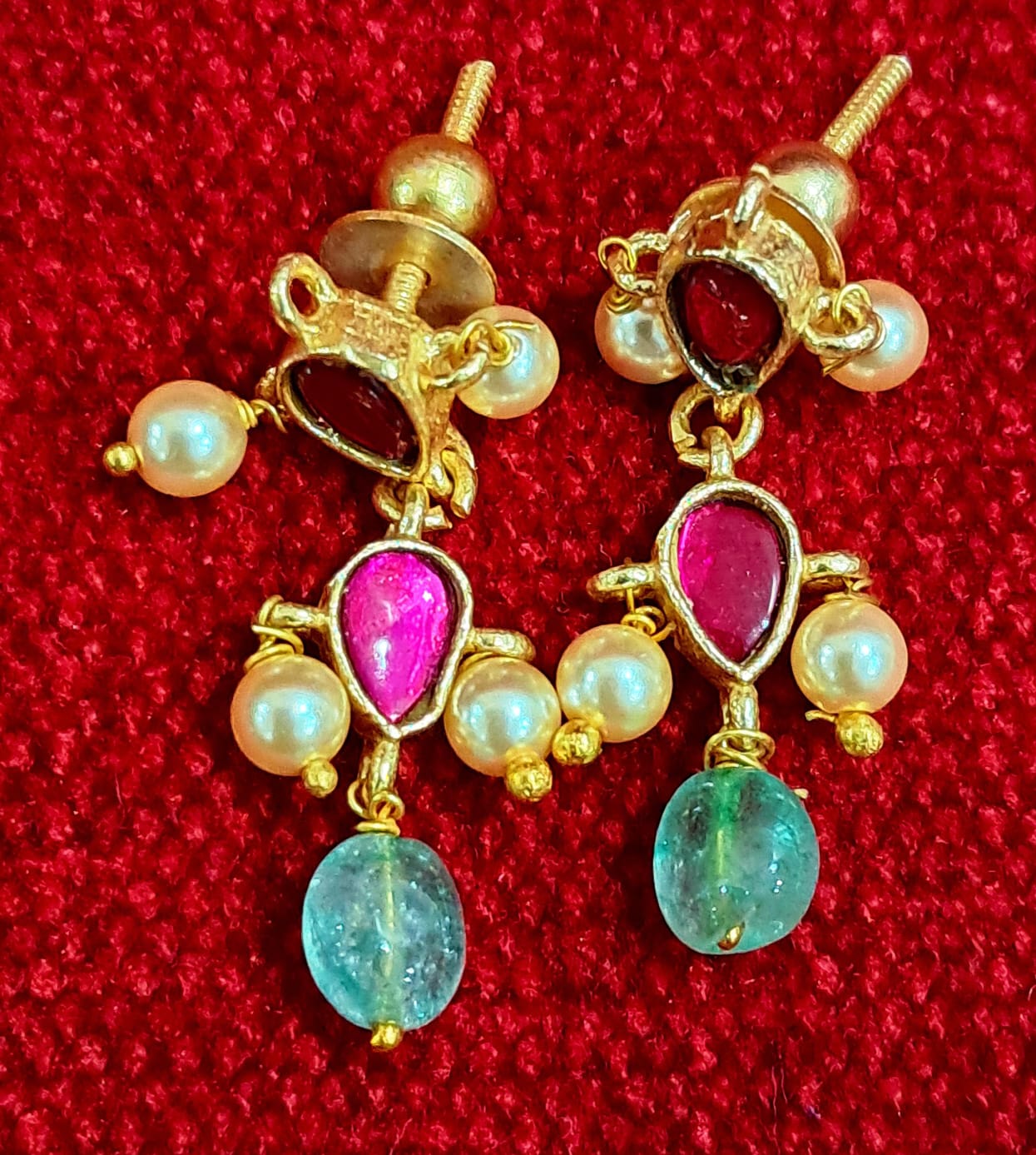 Elegant Ruby Green Pearl Choker Necklace Set | Traditional Temple-Inspired Jewellery