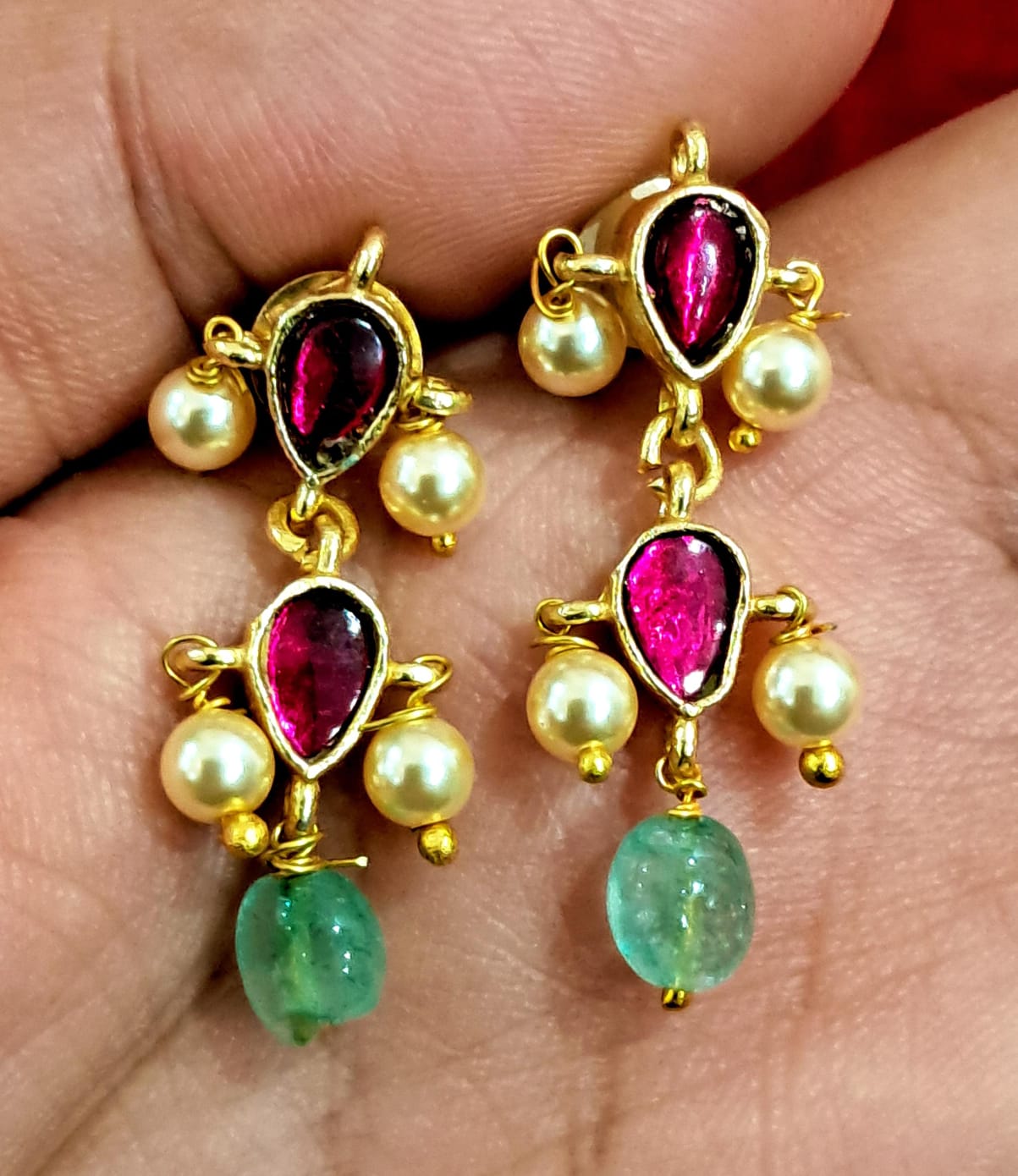 Elegant Ruby Green Pearl Choker Necklace Set | Traditional Temple-Inspired Jewellery