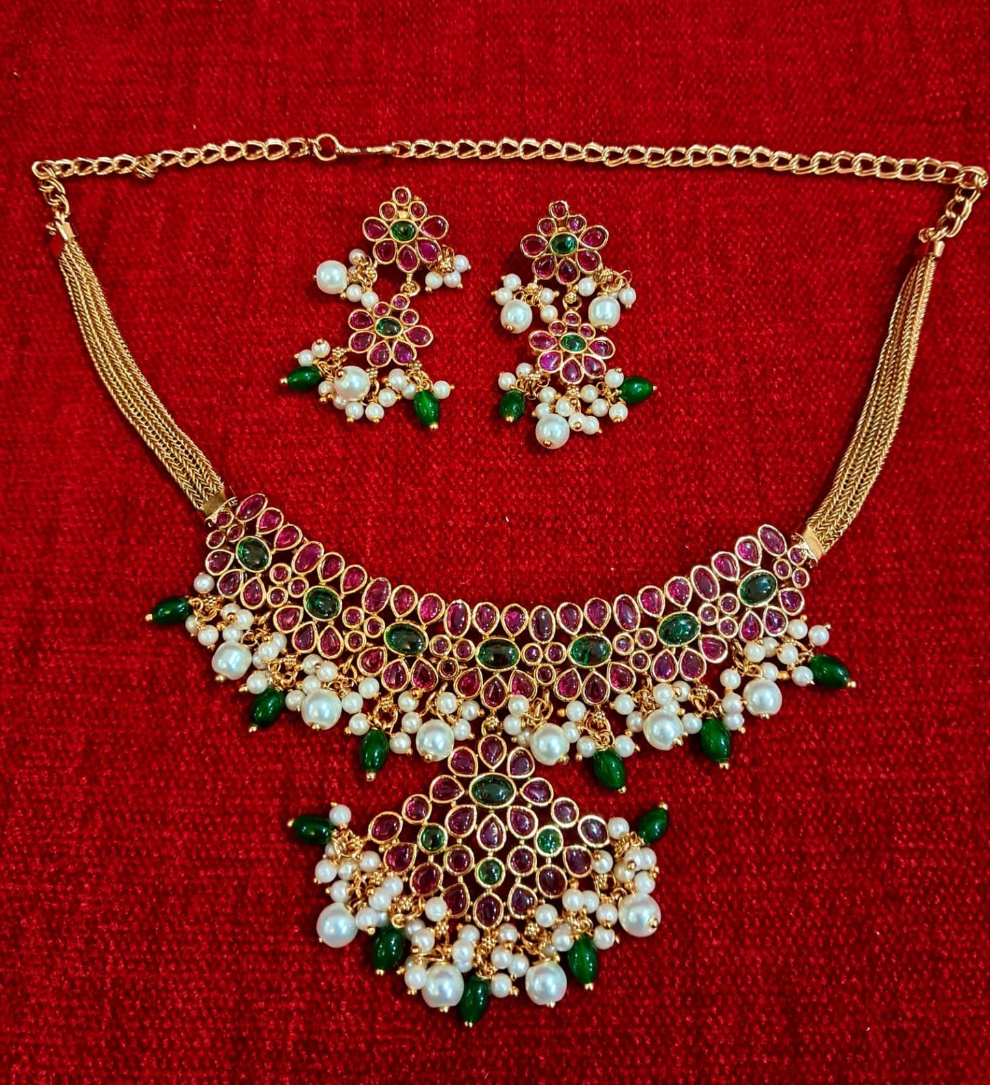 Royal Ruby & Emerald Bridal Necklace Set with Pearl Drops | Traditional Statement Jewellery
